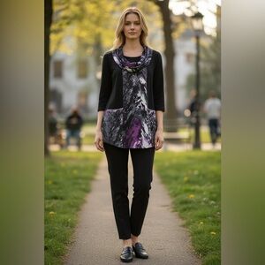 Frank Lyman Design, Chic Designer Tunic, Size 10, Black, White, Purple